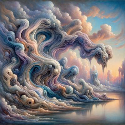 The primary subject of the image is a painting featuring a cloudy sky, a mountain, and a body of water. The setting is a landscape with a mix of natural elements and a surreal, artistic touch. The visual style is a painting, which showcases the artist's creativity and skill in capturing the scene. The colors and mood of the painting are predominantly dark and moody, with the cloudy sky and mountain creating a dramatic atmosphere.